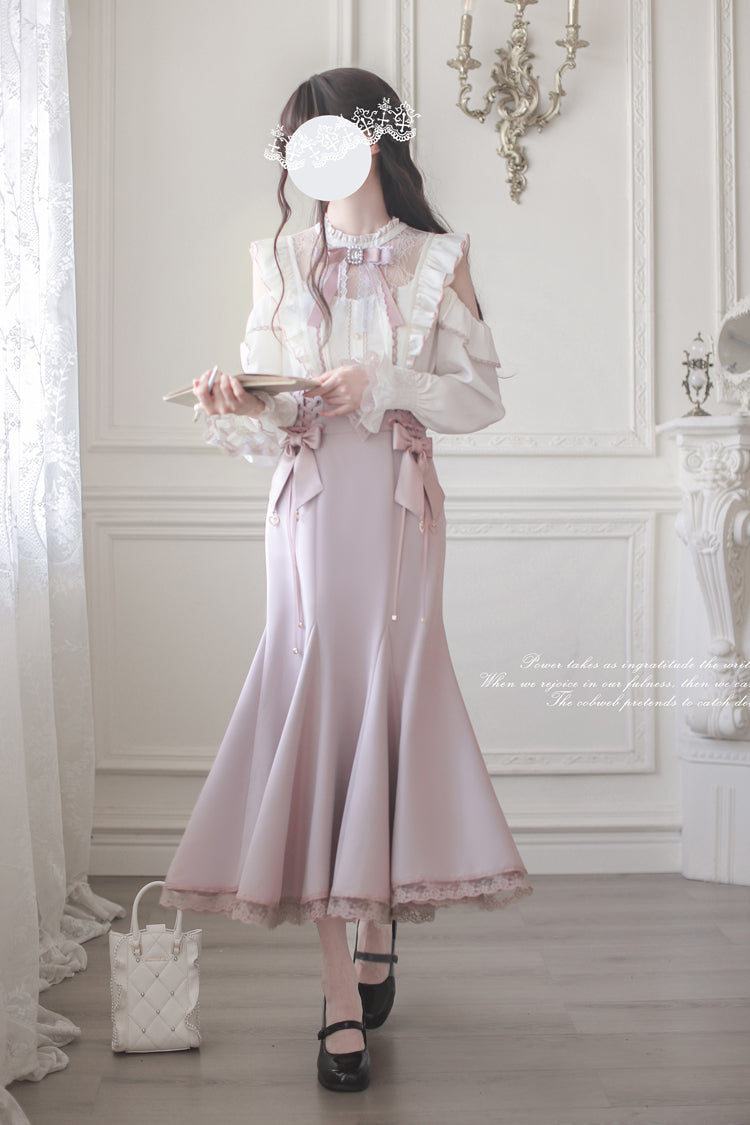 Pink Ruffle Bowknot Slim Sweet Elegant Lolita Fishtail Skirt Dress