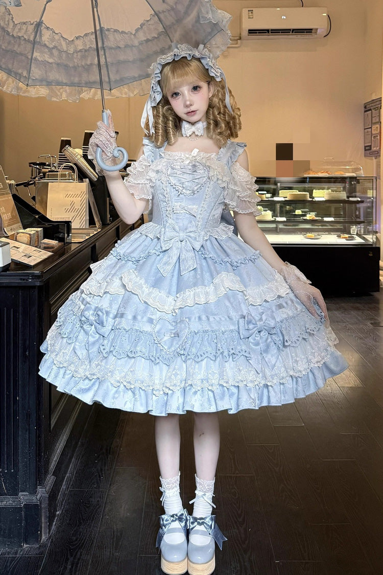 Robe Lolita Jsk bleue [Super Cute Belia] sans manches à trois volants superposés avec nœud en dentelle douce et élégante 