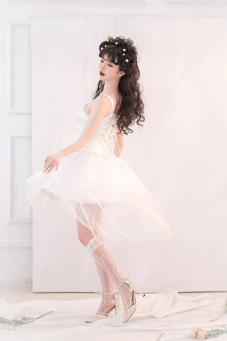 White High Waisted Multi-layer Rose Bowknot Lace-Up Gothic Lolita Jsk Dress