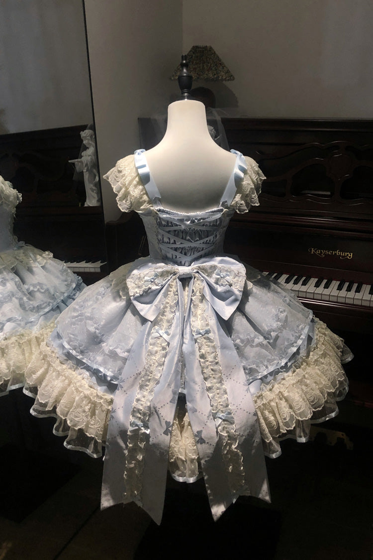 Blue [Dreaming Butterfly] Multi-Layered Jacquard Ruffle Bowknot Lace Sweet Princess Lolita Jsk Dress