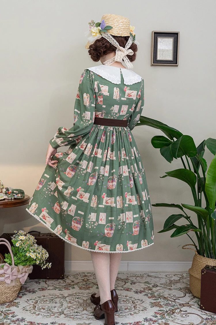 Forest Illustrated Book Long Lantern Sleeves Print Ruffle Sweet Lolita OP Dress 3 Colors