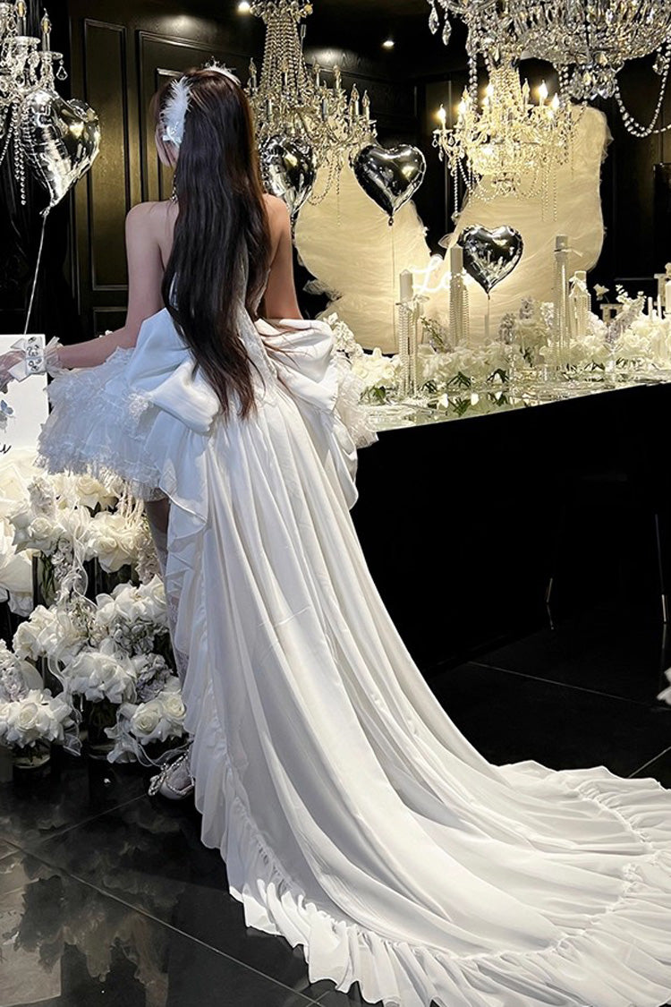 Robe Lolita Princesse Douce en Dentelle à Lacets Hanayome à Volants Triple Épaisseur sans Manches à Dos Nu Blanc [Rêve] 