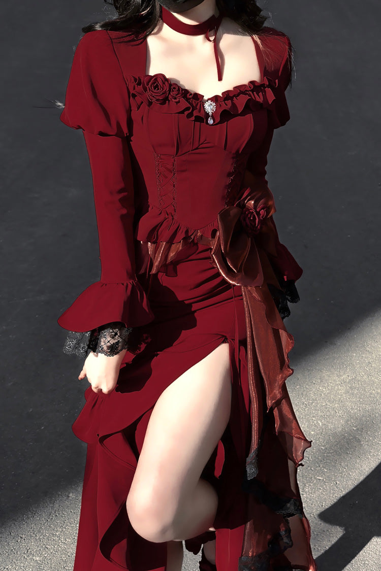 Red Rose Long Sleeves Bowknot Classic Elegant Princess Mermaid Lolita Dress