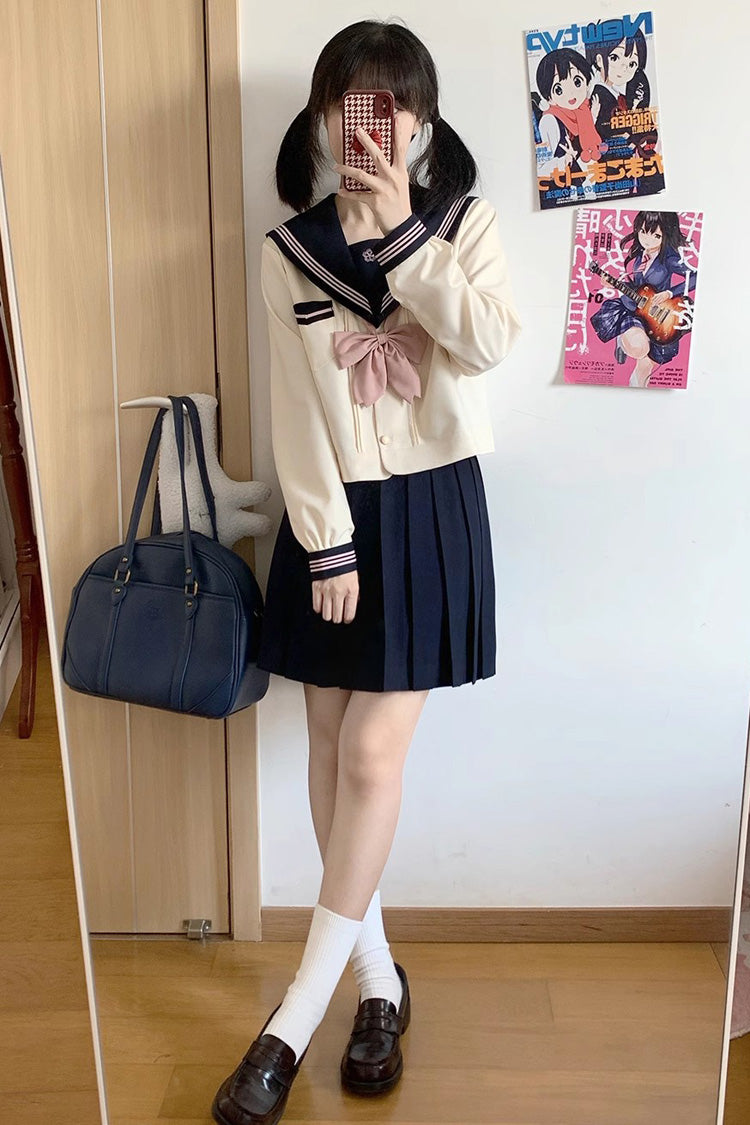 ダークブルー/アイボリーセーラー襟長袖甘い日本のスクールスカートセット