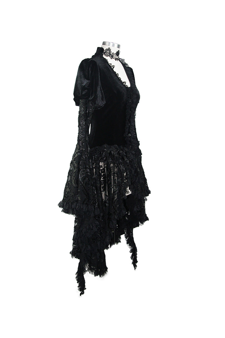 Black Metal Buckle Collar Front Chest Hollow-Out Flare Sleeve Lace Cuff Dress Hem Women's Gothic Coat