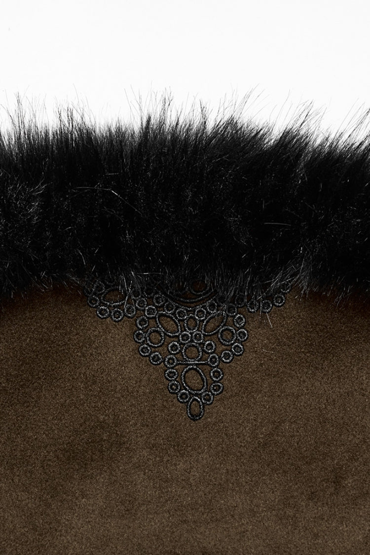 Coffee Long Sleeves Faux Fur Stitching Lace-Up Detachable Women's Gothic Coat