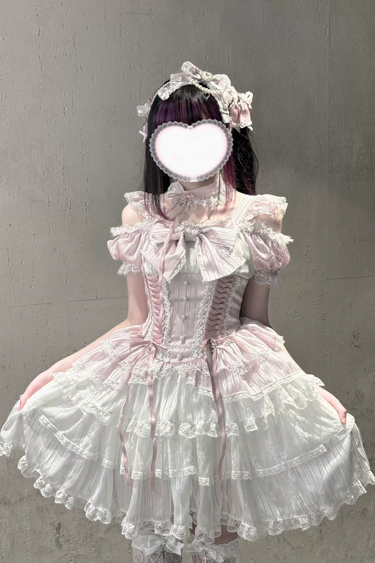 핑크/화이트 [펄 야상곡] 스퀘어 칼라 플러터 슬리브 다층 프린트 러플 보우 레이스 스위트 일본 로리타 드레스