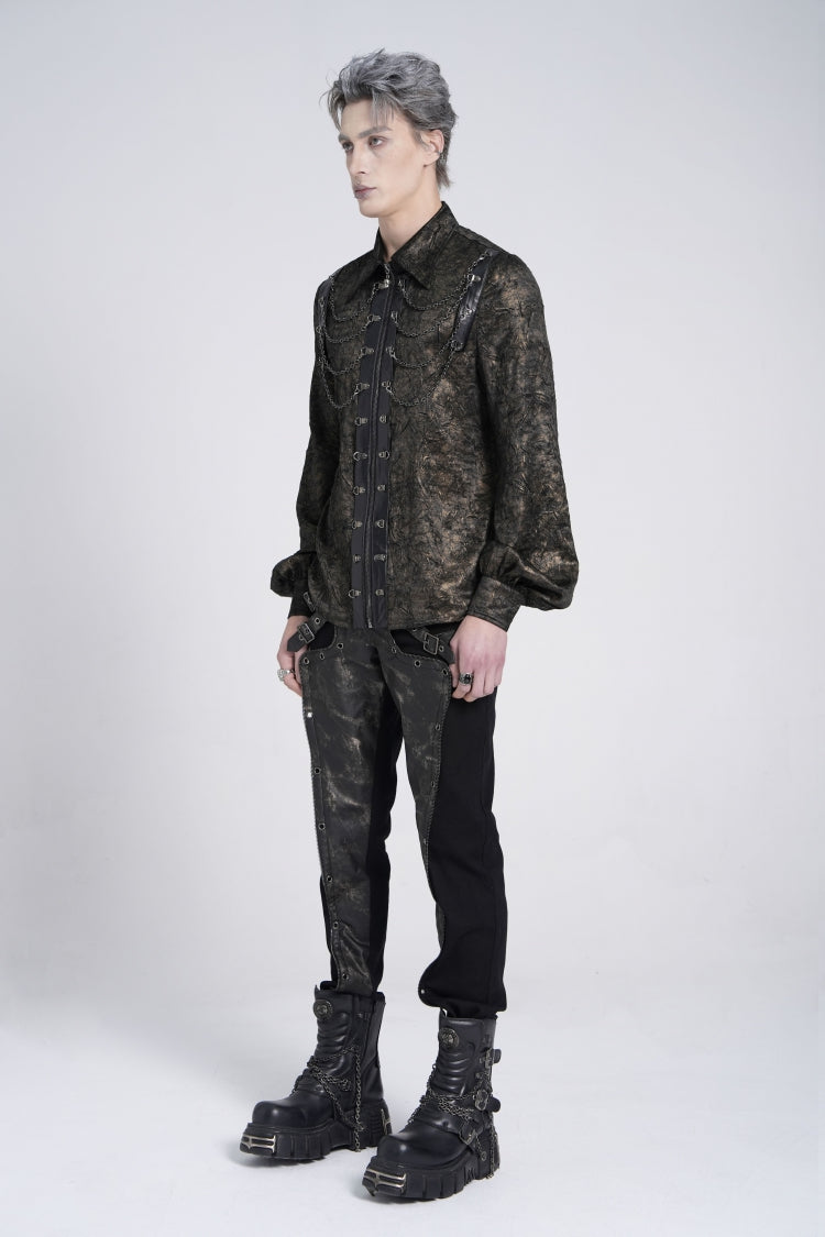 Schwarze Bluse mit Reverskragen, langen Puffärmeln, Kunstleder-Nähten und Kette im Gothic-Stil für Herren 
