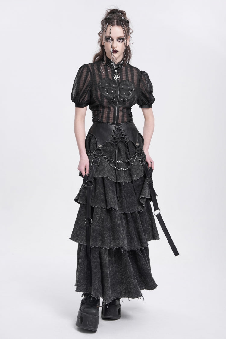 Black Stand Collar Short Puff Sleeves Sheer Mesh Women's Gothic Blouse