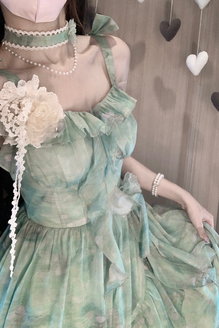 Green [Forest Garden] Print Ruffle Bowknot Sweet Lolita Jsk Long Dress