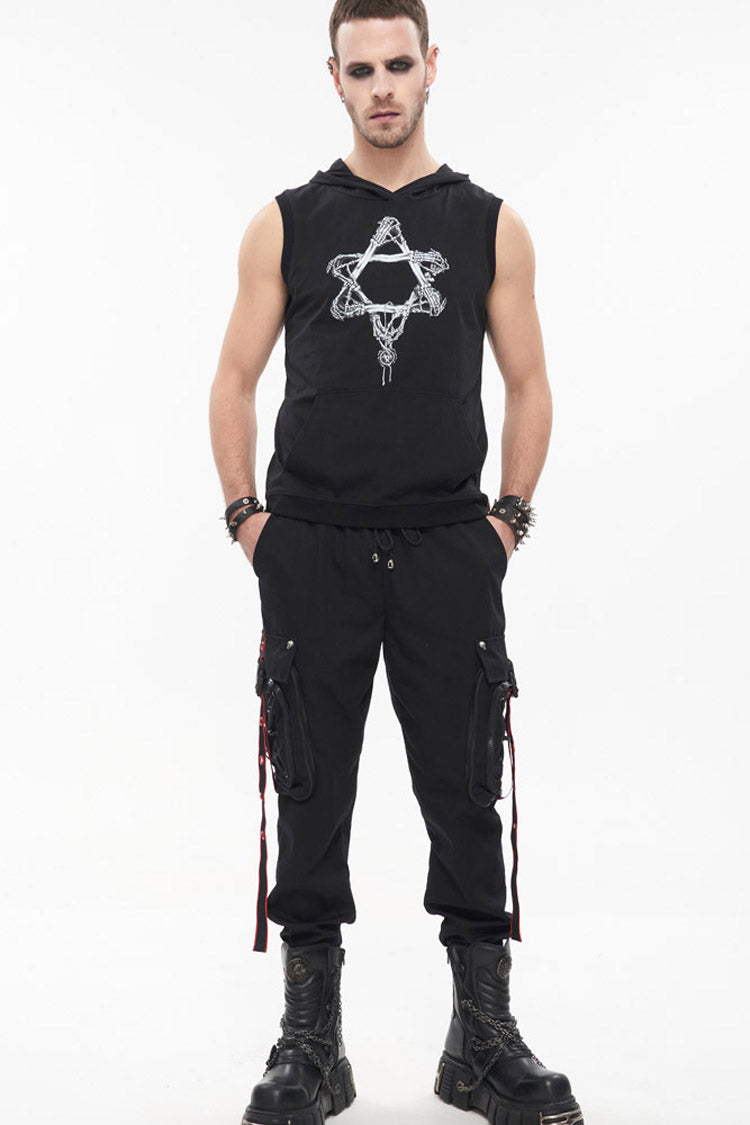 Black Punk Multi Pocket Webbing Decorative Drawstring Men's Long Pants