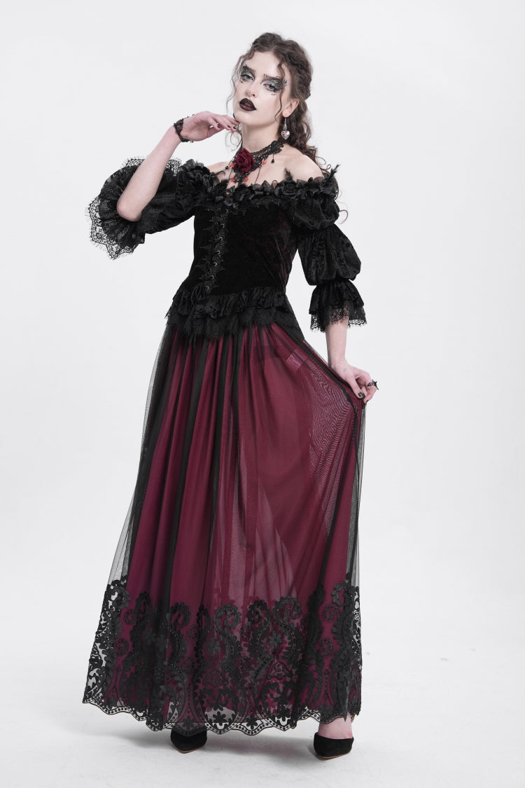 Red Off Shoulder Long Sleeves Ruffle Embroidery Lace-Up Women's Gothic Blouse