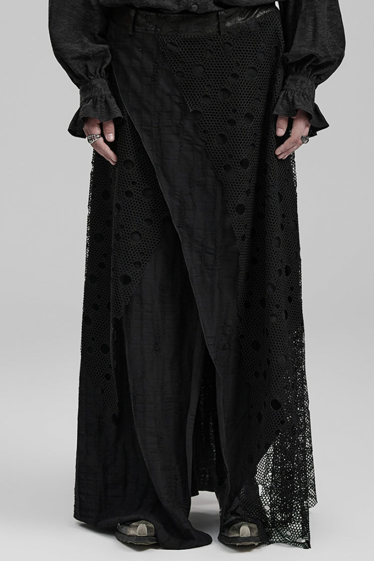 Black Stitching Irregular Mesh Ripped Men's Gothic Long Skirt