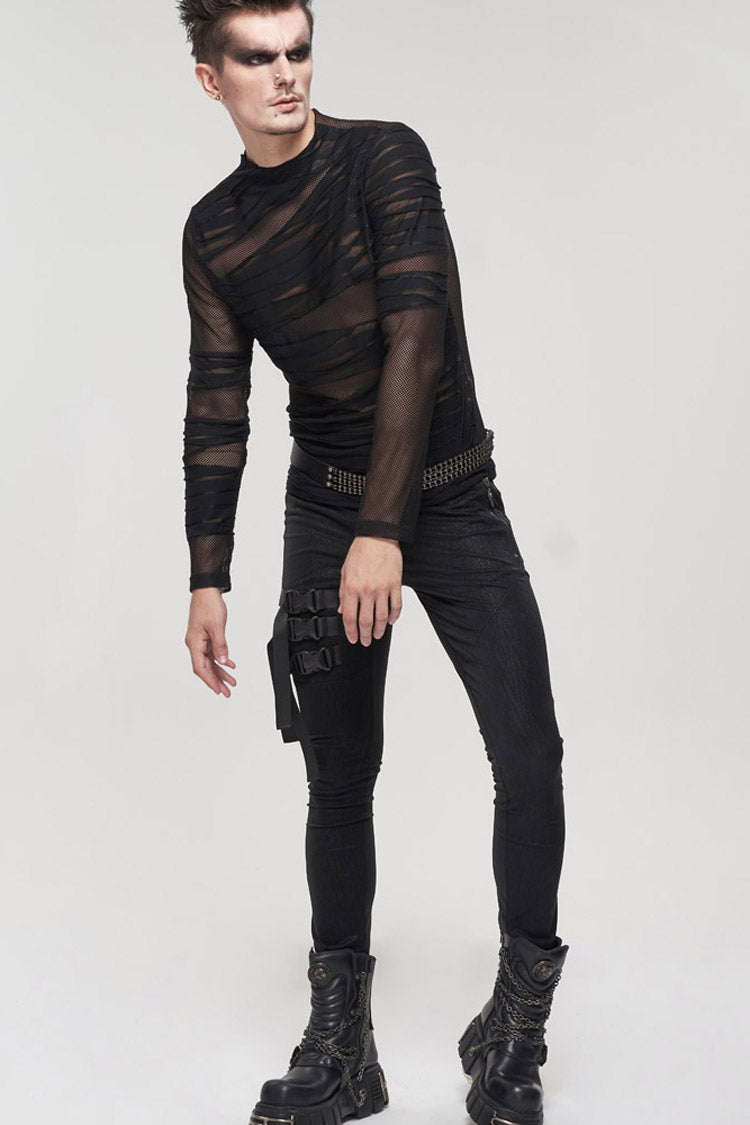 Black Gothic Bandage Design Net Yarn Perspective Men's Sweater