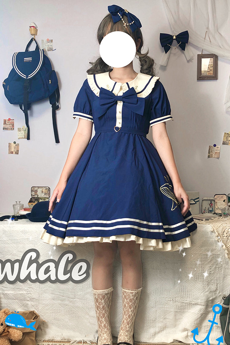 Little Sea Whale Navy Sailor Short Sleeves Sweet Lolita OP Dress 3 Colors