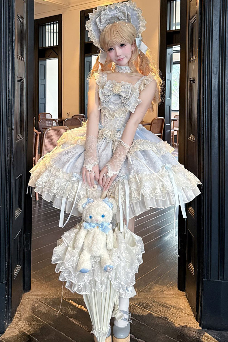 Blue [Blossoming Heart Love ] Sleeveless Dark Jacquard Print Bowknot Lace Sweet Lolita Jsk Dress