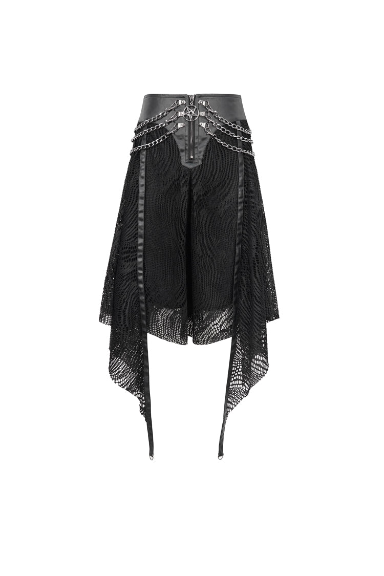 Black Irregular Half Hollow Knit Metal Chain Decorated Women's Punk Skirt