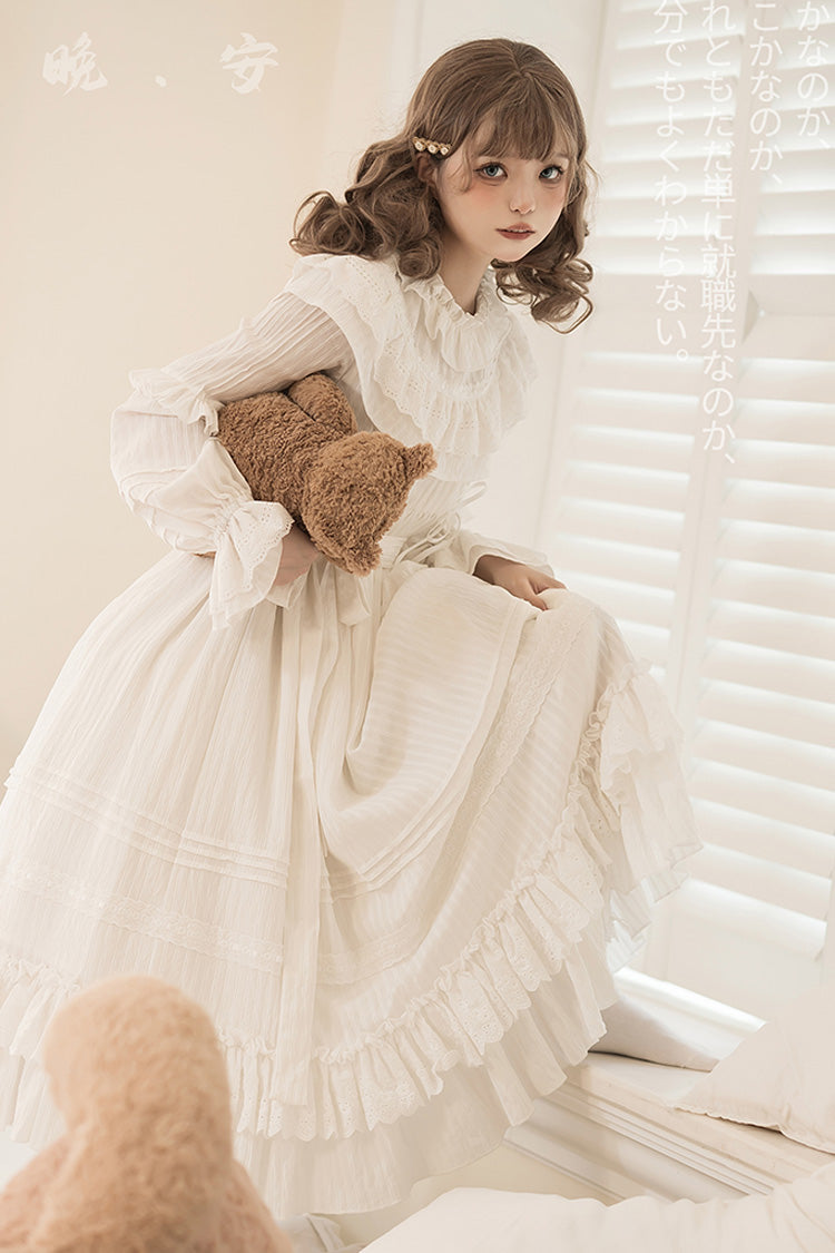 White [Good Night] Long Sleeves Double-Layered Ruffle Bowknot Lace-Up Holy Sweet Lolita Dress