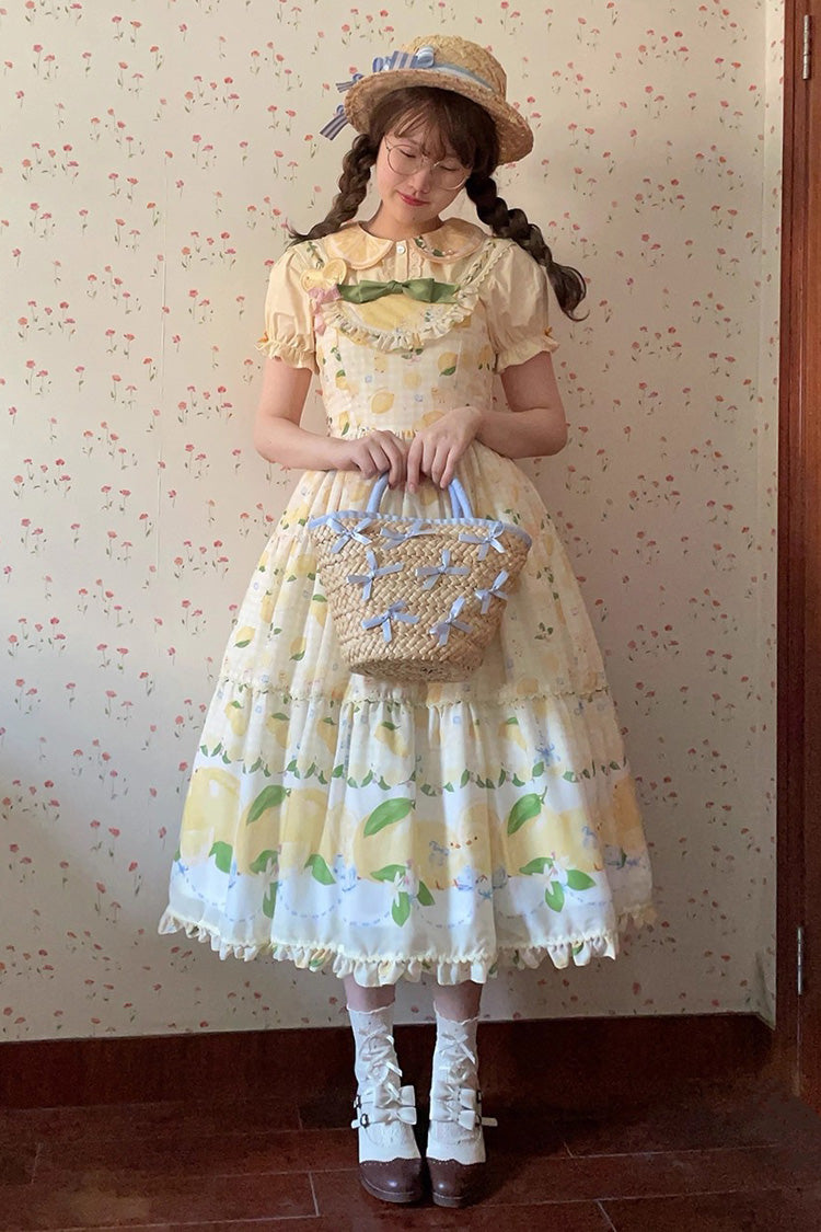 Yellow [Lemon Chicken] Print Ruffle Bowknot Lace Sweet Lolita Jsk Long Dress