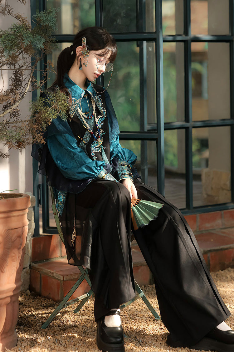 Schwarz/Grün Rundhals Langarm Rüschen Stickerei Chinesischer Stil Vintage Hübsches Ouji Lolita Set 