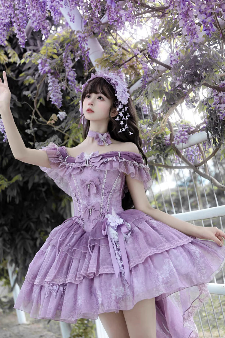 パープル【Wisteria Wonderland】二層リボンレースアップスイートエレガントプリンセスバレエロリータJSKドレス