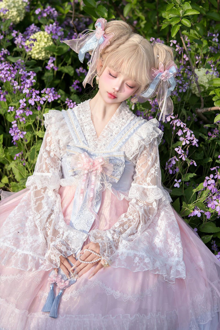 [Peach Blossoms in Spring Fields] Sleeveless Ruffle Bowknot Lace Sweet Chinese Style Lolita Jsk Dress 3 Colors