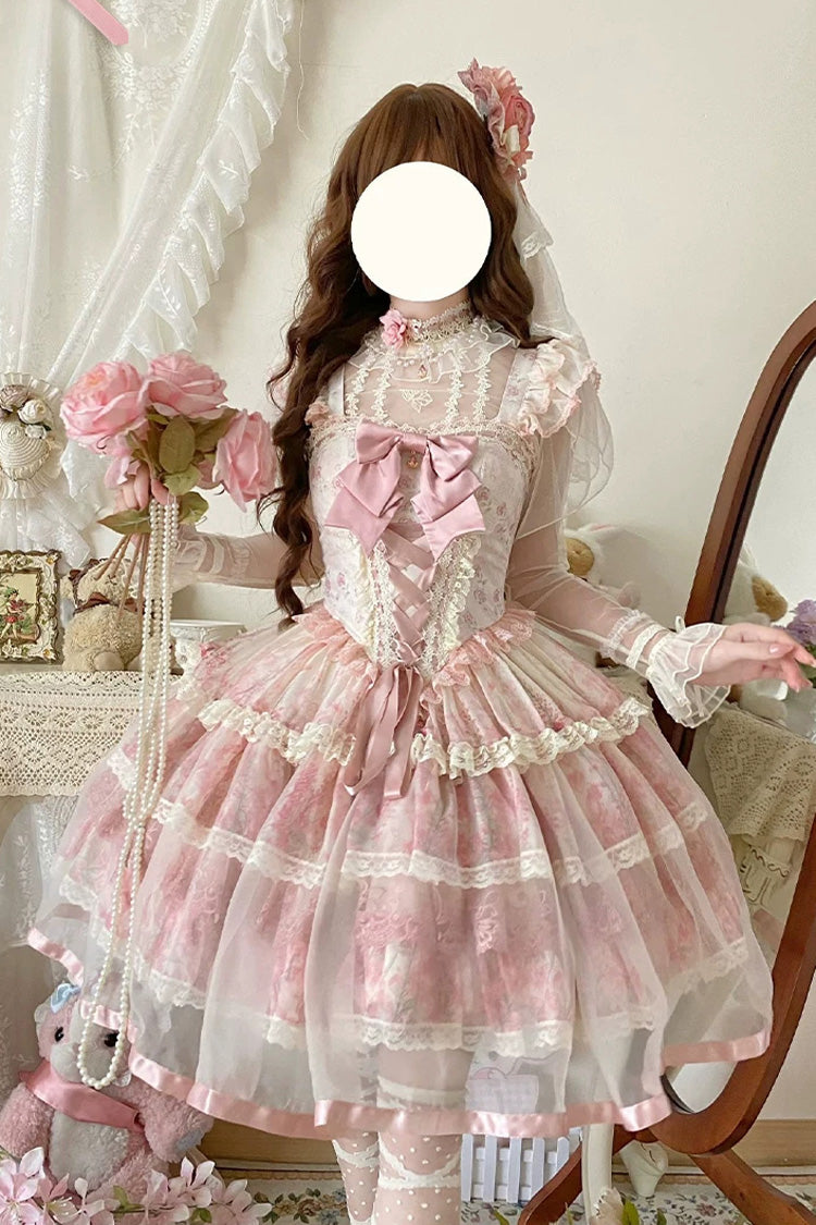 Rosa [Frühlingsblüten und regnerische Träume] Flatterärmel mit quadratischem Kragen, dreilagiges, bedrucktes, gerüschtes, besticktes Schleifen-Schnürkleid, süßes Balletcore-Lolita-JSK-Kleid