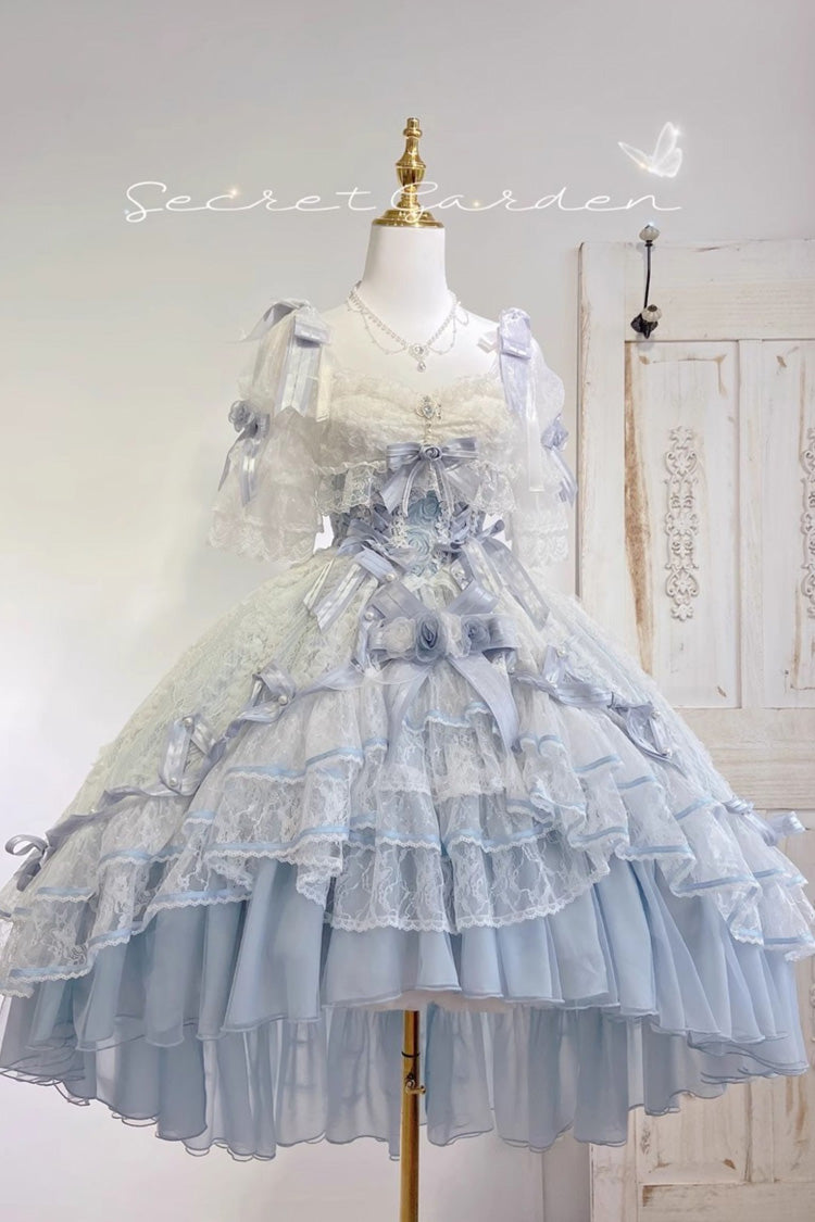 Blue [Diane Rose] Short Sleeves Multi-Layered Jacquard Ruffle Hanayome Cardigan Bowknot Lace Sweet Lolita Dress