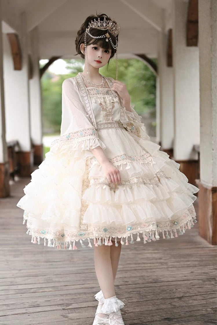 Apricot [Miao Girl] Multi-Layered Ruffle Bowknot Sweet Princess Lolita Chiffon Skirt Set