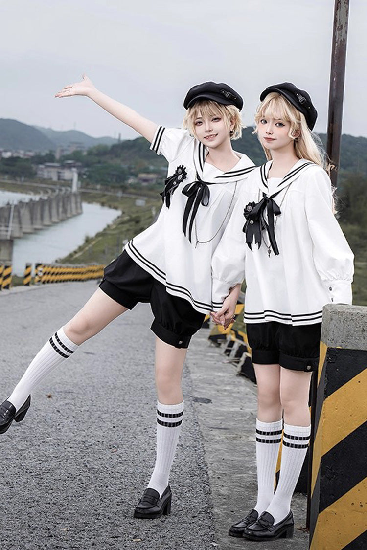Black/White [Old Stories] Navy Collar Long Sleeves Bowknot Ouji Gothic Lolita Blouse Shorts Set