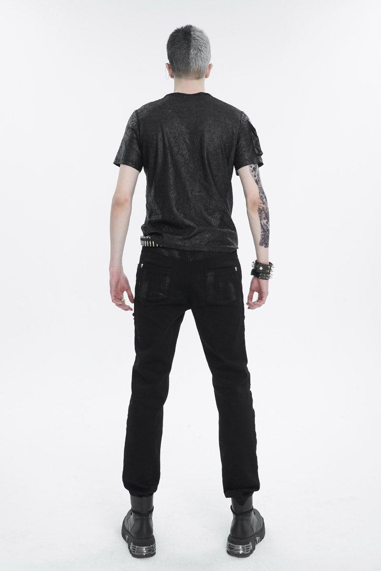Black Vintage Print Buckle Splice Faux Leather Men's Punk T-Shirt