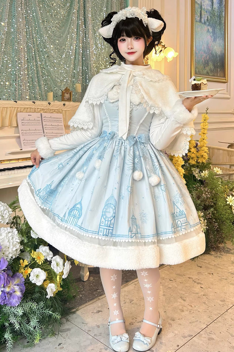 Blue [Snow Castle] Sleeveless Printed Embroidered Bow Lace Sweet Lolita Jsk Dress