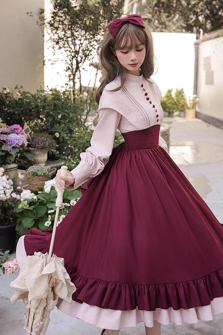 Rose Embroidery Long Sleeves Ruffle Bowknot Fake Two Pieces Elegant Lolita Dress 2 Colors