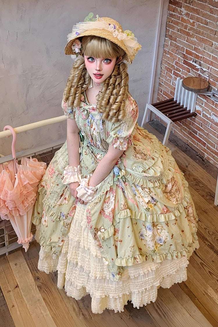 Robe Lolita Douce Quotidienne à Manches Courtes Imprimée Vert [Thé de Rose de Chat] avec Volants et Nœud Papillon 