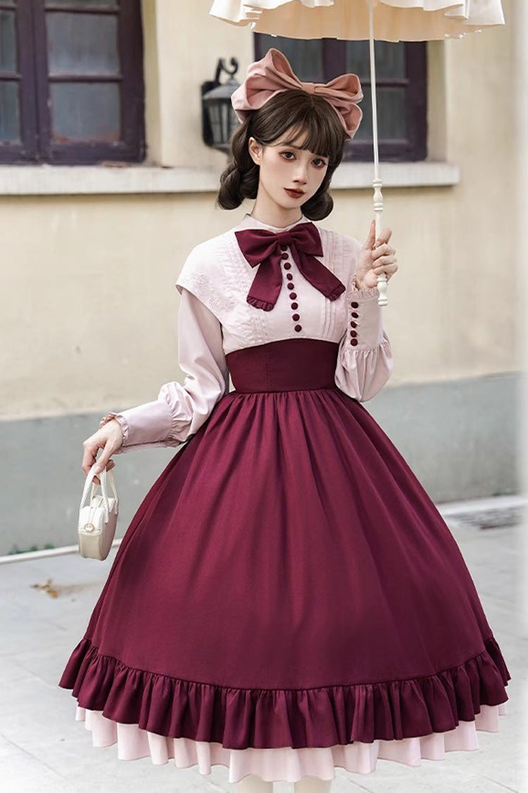 Rose Embroidery Long Sleeves Ruffle Bowknot Fake Two Pieces Elegant Lolita Dress 2 Colors