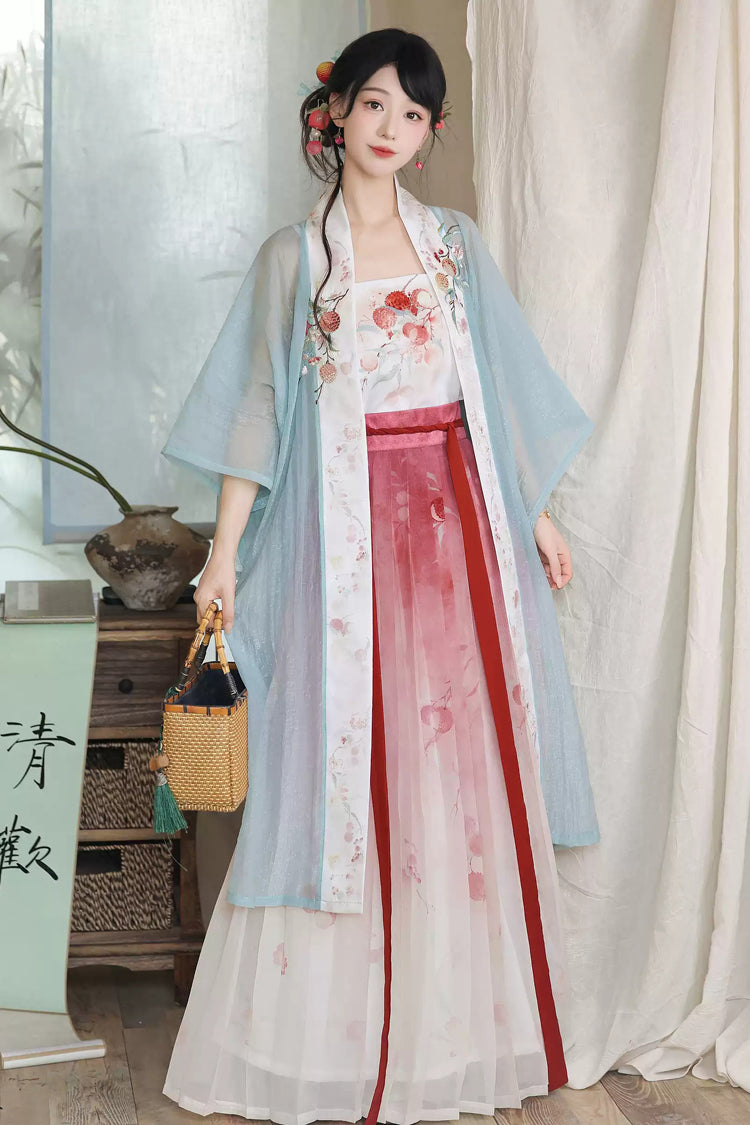 Mehrfarbiges [Lychee Blossom Shoot] halbärmeliges, bedrucktes, besticktes süßes Hanfu-Set für Damen