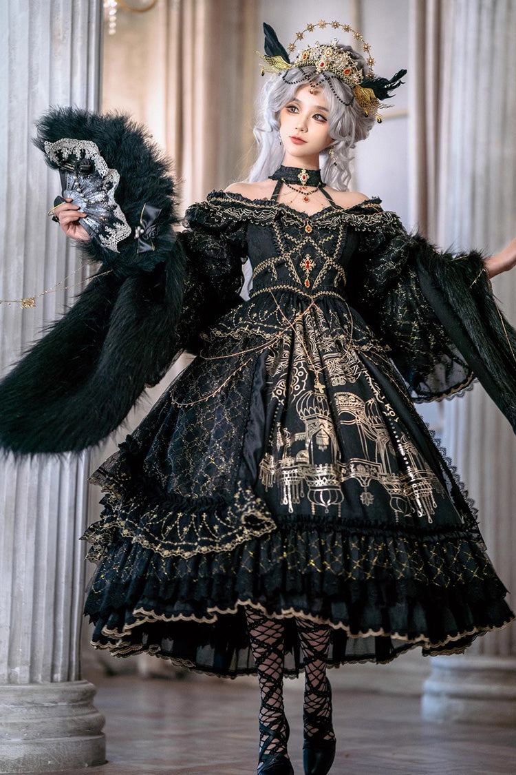Black Multi-layer Print Coronation Salute Ruffle Hanayome Bowknot Gothic Lolita Dress Package
