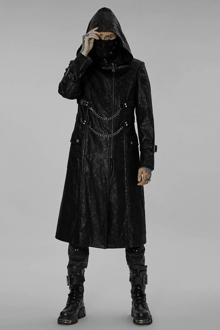 Black Stand Collar Print Asymmetric Metal Chain Zip Mens Steampunk Coat