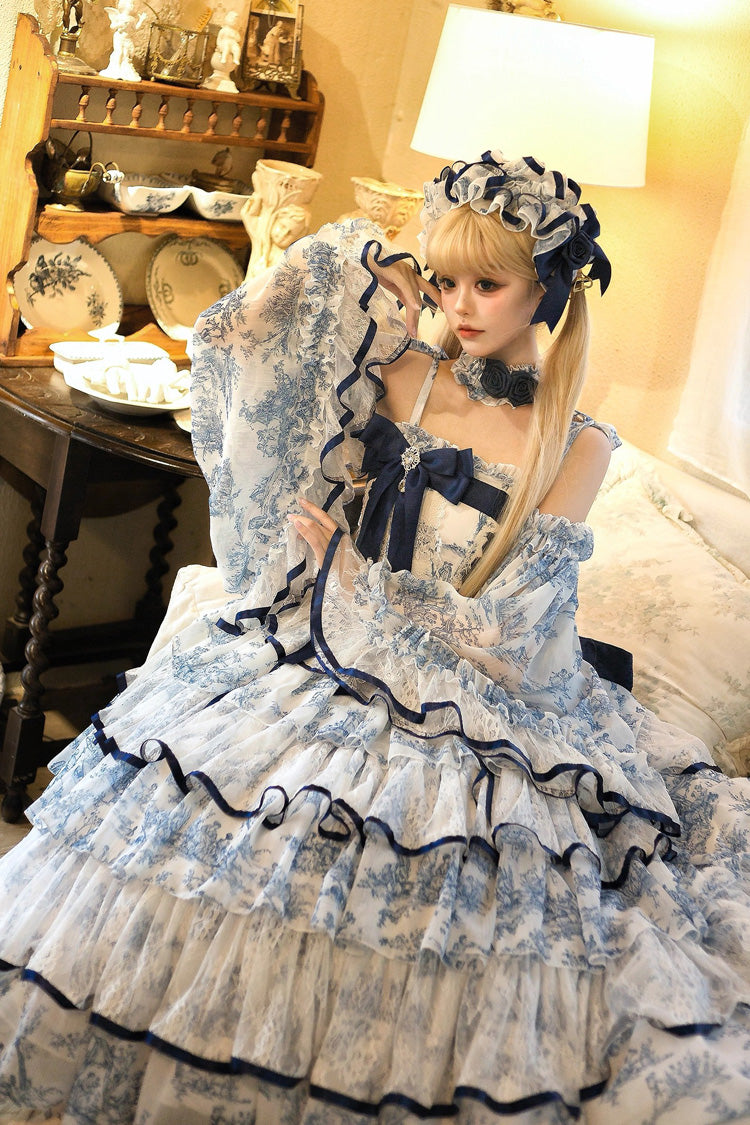 Blue/White Sleeveless Multi-Layered Print Bowknot Fishbone Sweet Classic Chinese Style Lolita Jsk Long Dress