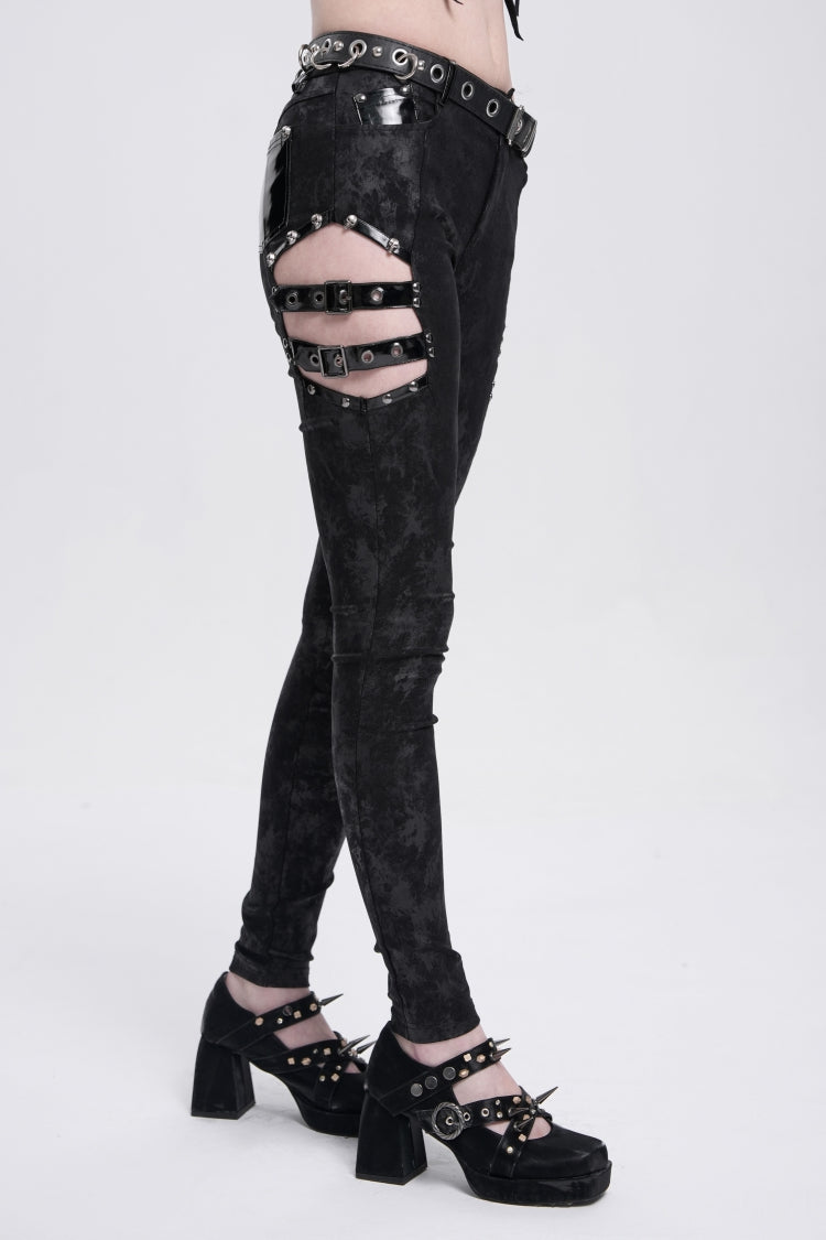 Black Print Cutout Buckle Women's Gothic Pants