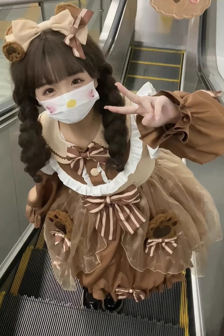 Süßes Lolita-Kleid mit langen Ärmeln und hoher Taille, Rüschen und Schleife, 3 Farben