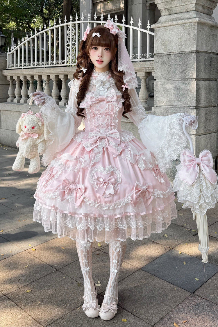 Pink [Sweetheart] Sleeveless Multi-Layered Embroidered Bow Lace Lace-Up Sweet Lolita Jsk Dress