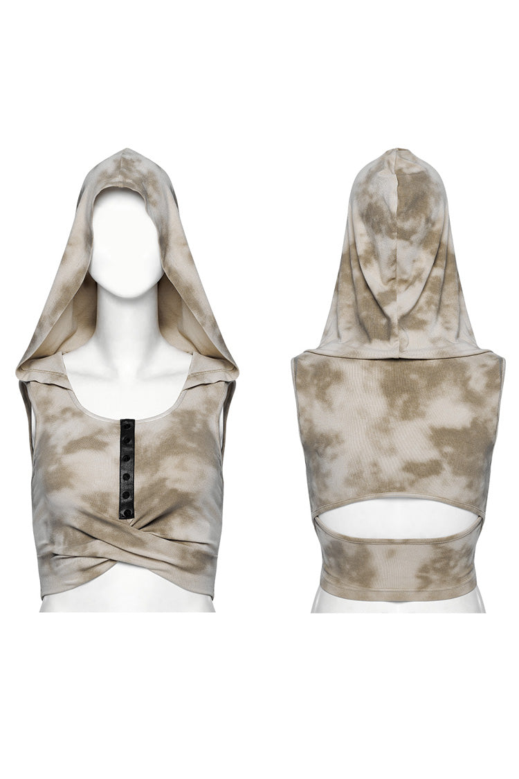 Schwarzes/kaffeefarbenes ärmelloses Punk-Tanktop für Damen mit Cut-outs und gekreuzter Kapuze