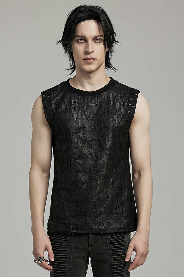 Schwarzes, ärmelloses Tanktop mit rundem Kragen und zerrissenen Ösen im Gothic-Stil für Herren