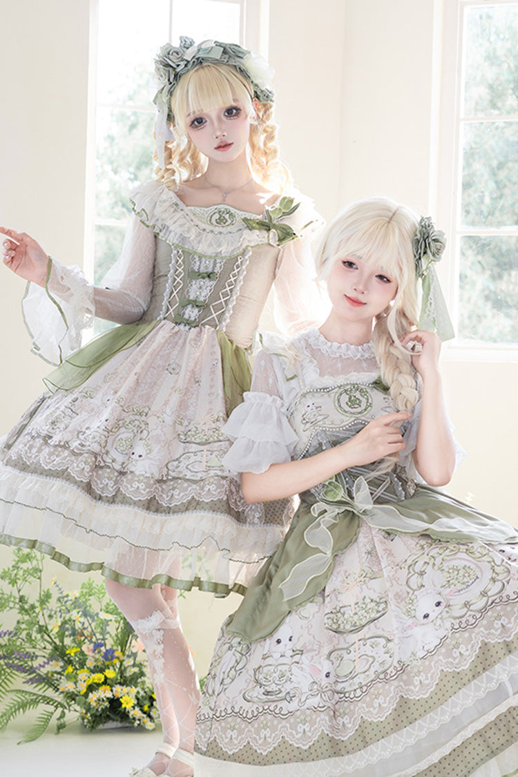 Green [Teacup Rabbit] Multi-Layered Print Ruffle Embroidery Bowknot Lace Asymmetric Sweet Elegant Lolita Jsk Dress