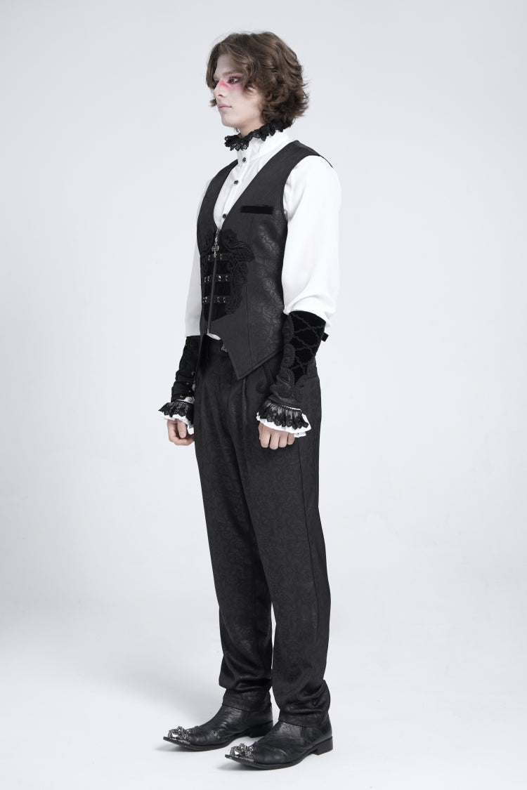 Black Sleeveless Floral Embroidery Stitching Velvet Men's Gothic Vest