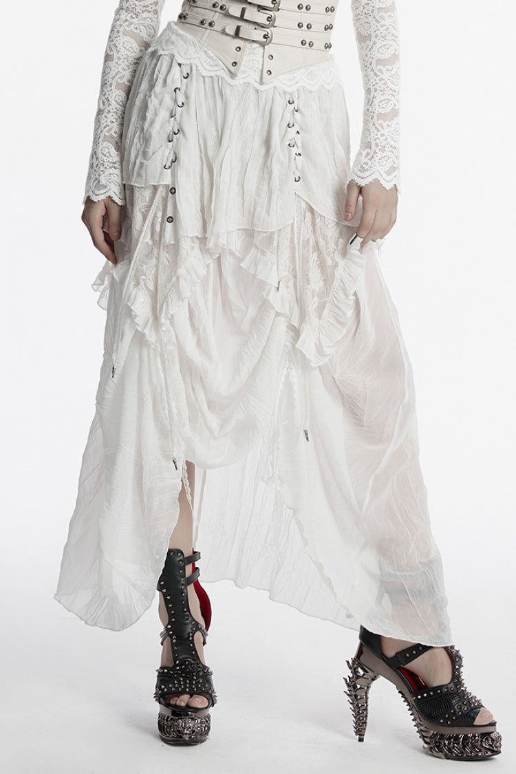 White Ruffle Stitching Lace Lace-Up High/low Women's Gothic Skirt