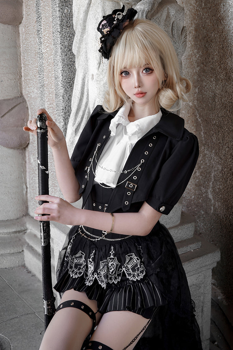 Black Lapel Collar Short Sleeves Lace Prince Ouji Lolita Three-piece Set
