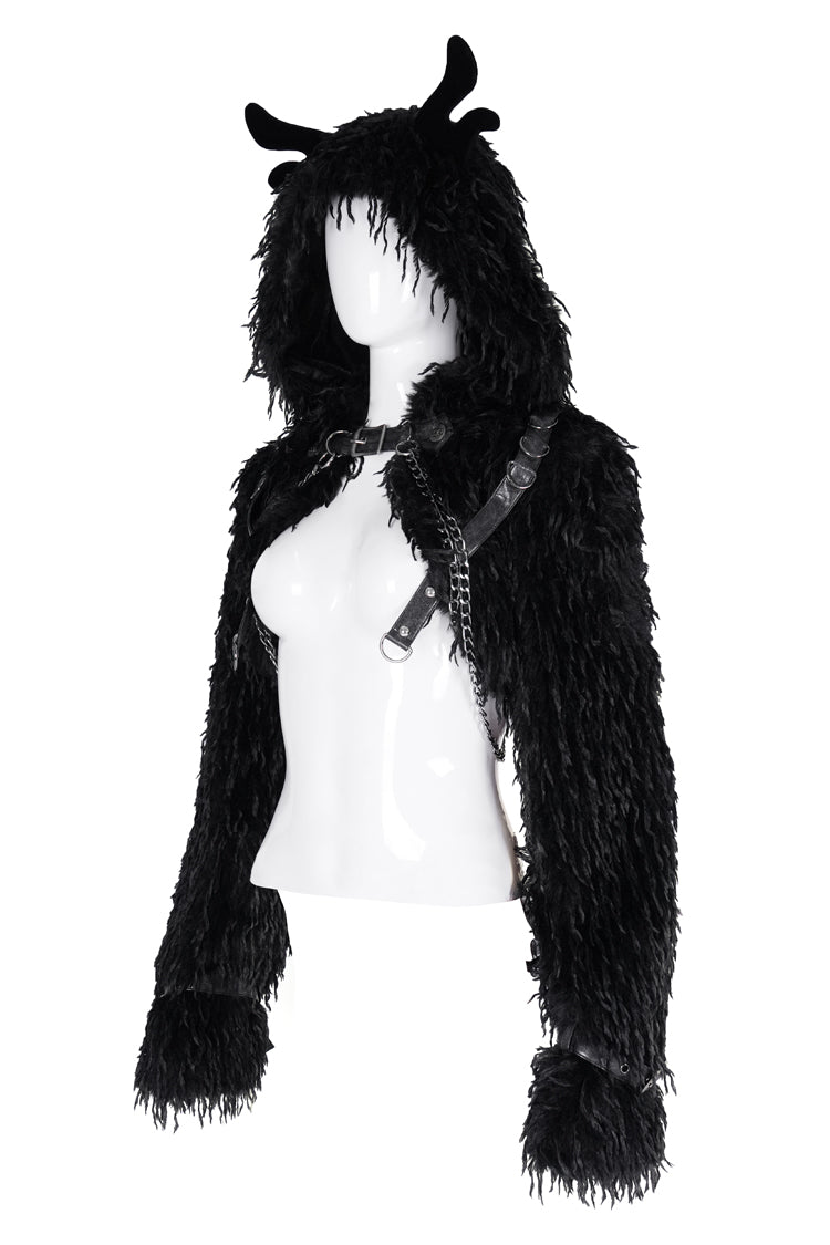 Black Long Sleeves Hooded Women's Gothic Chain Buckle-up Horn Cape