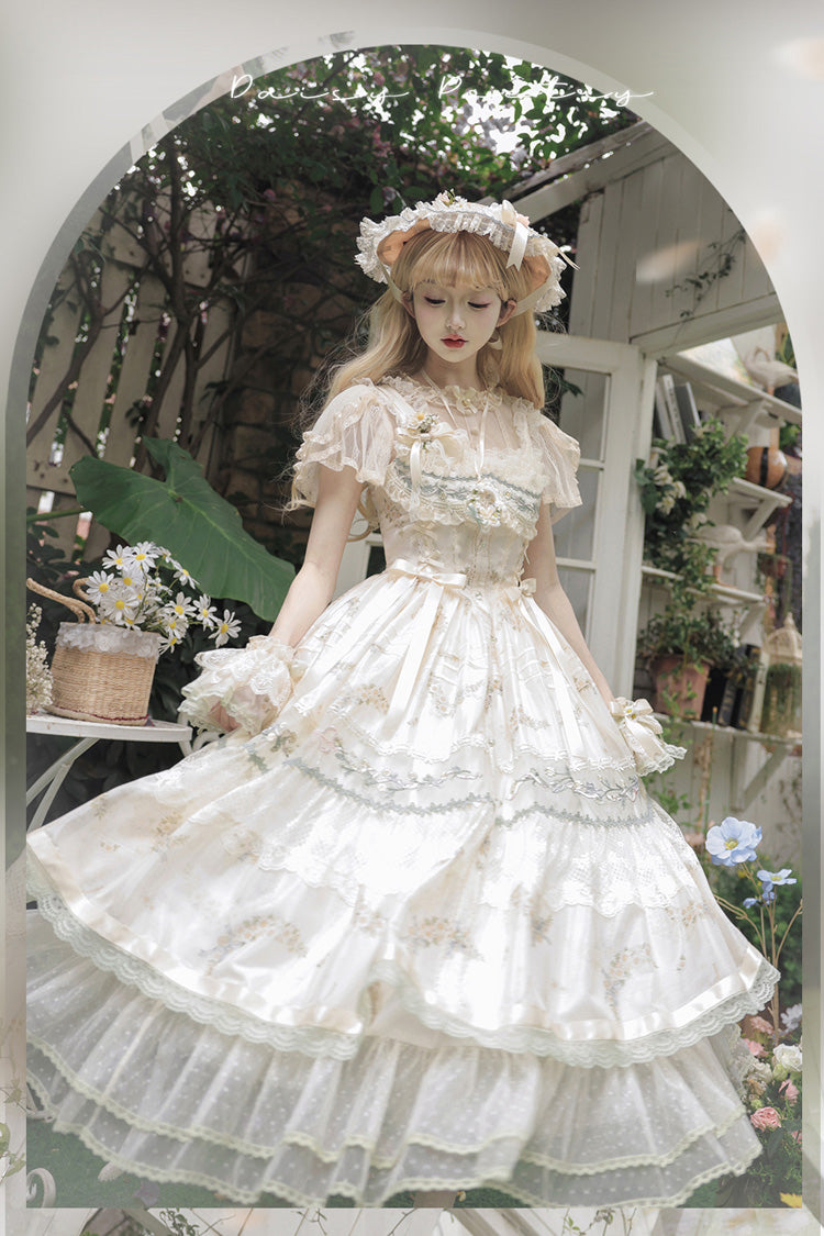 Multi-Color [Daisy Poetry] Print Ruffle Hollow Embroidery Lace Sweet Elegant Princess Lolita Jsk Dress